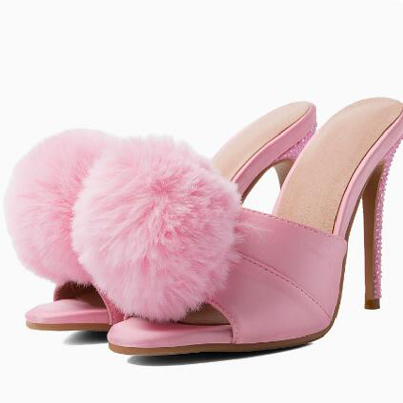 Slip Dress Satin - Pink Satin Ball Fur Pom‑pom High