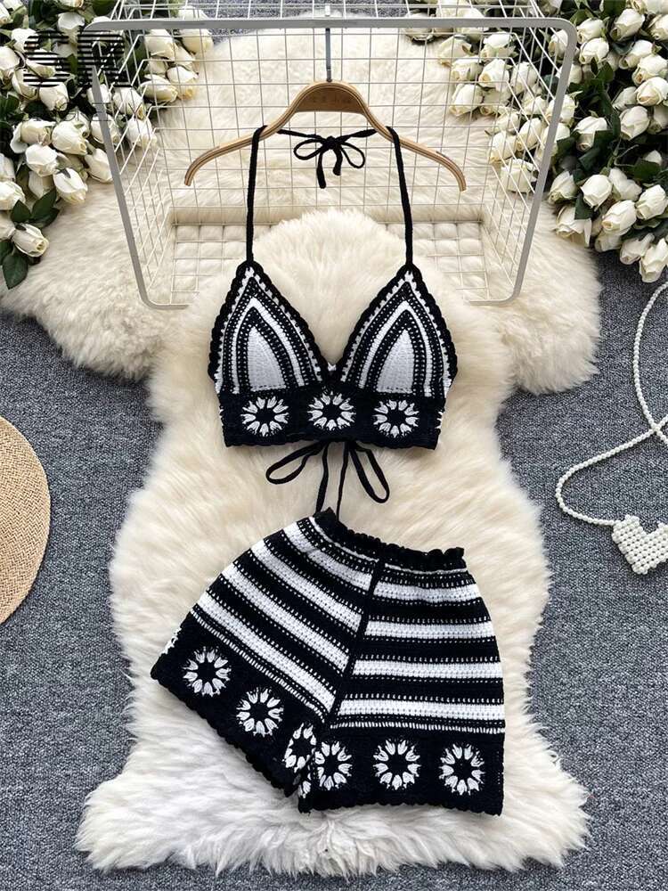 Beach Vacation Knit 2pcs Suits - đánh giá và giá Cami Top Lace